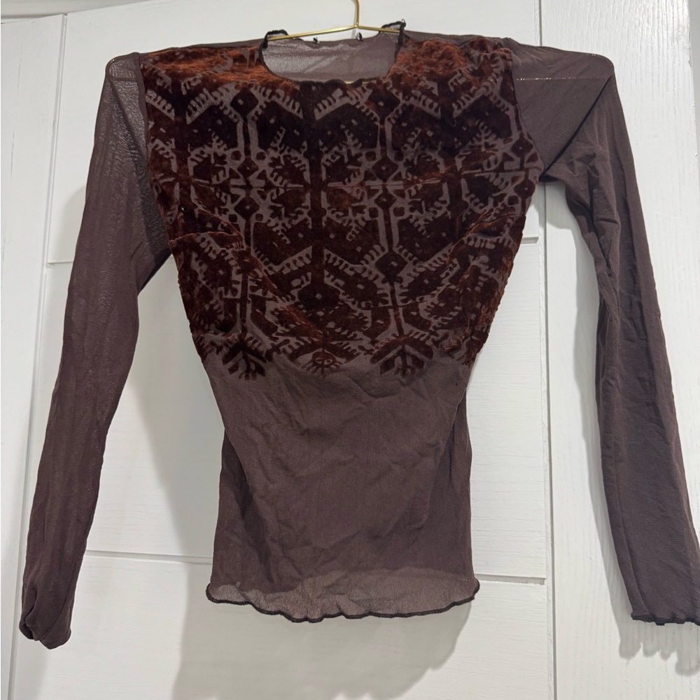 Vintage Brown Patterned Sheer Blouse